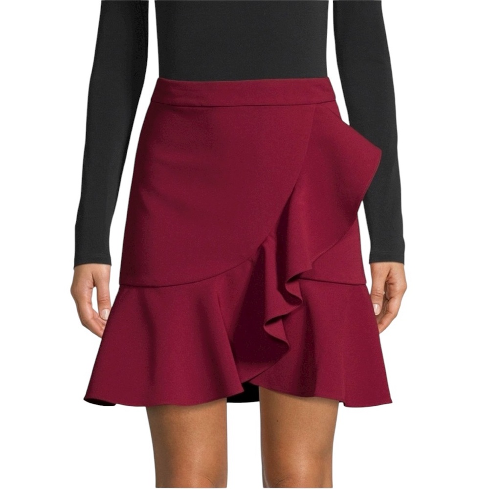 LN Alice + Olivia Juno Ruffled A-Line Flounced Mini Skirt in Bordeaux - 4